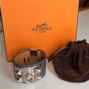 Hermes Gray Leather Bracelet with Silver Accents